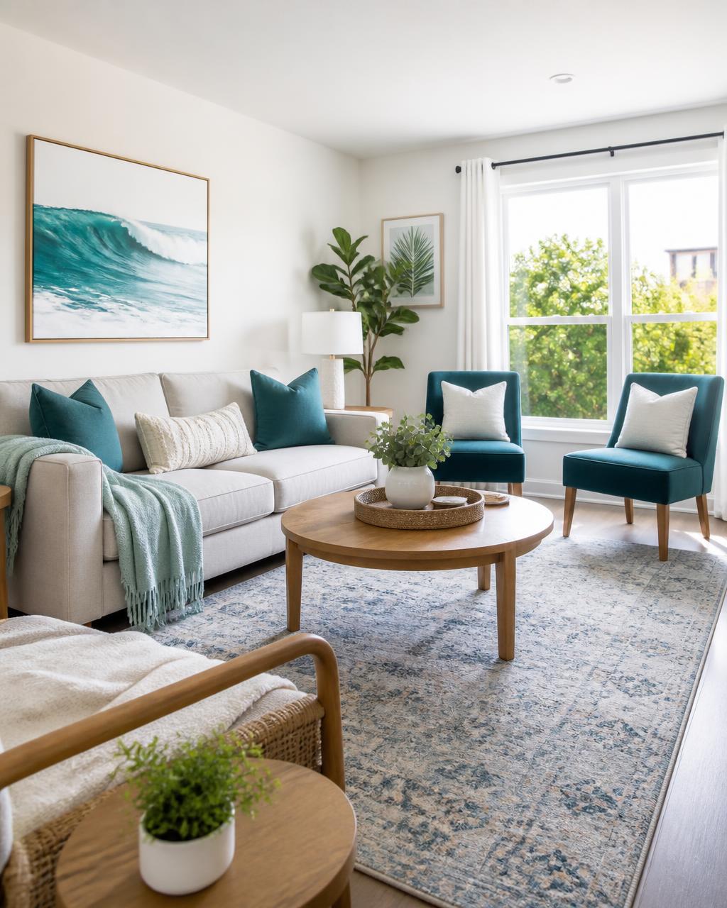 A bright, spotless short-term rental living room ready for the next guest